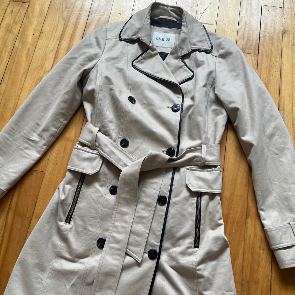 SMART SET Double Breasted Trench Coat Beige Black Trim Belted Button Up Women XS - Picture 8 of 12